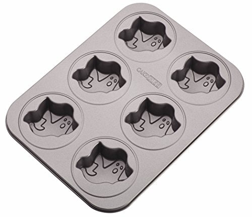 Grey nonstick 6-cup cakelette pan with ghost-shaped cavities, angled view