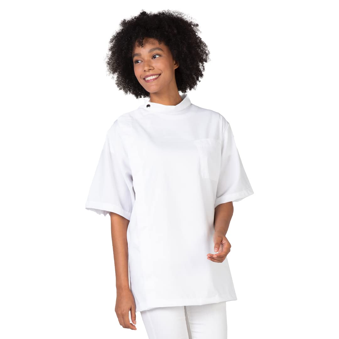 Smiling woman wearing a white short-sleeve barber jacket with a band collar and chest pocket