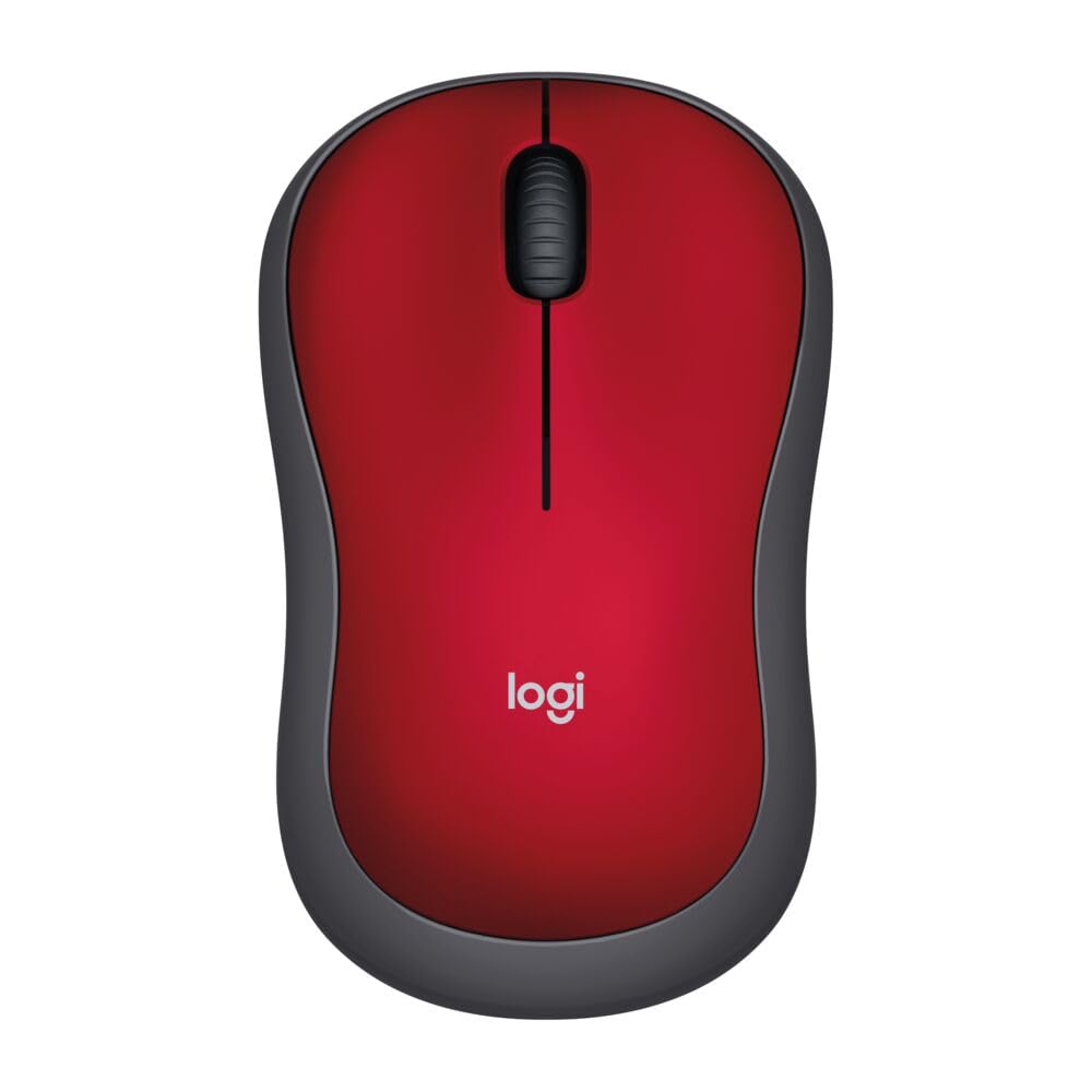 Top view of the red wireless mouse with a black scroll wheel