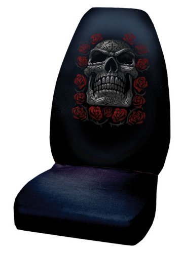 Black bucket seat cover printed with a grey sugar skull surrounded by red roses