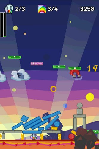 Game screen with toppled blue blocks under a purple sunset sky and floating platforms