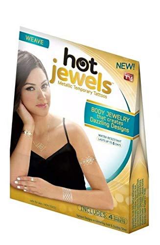 Hot Jewels Weave metallic temporary tattoo box with a model wearing gold and silver arm designs