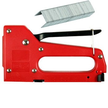 Red hand-powered staple gun with black lever and a strip of staples
