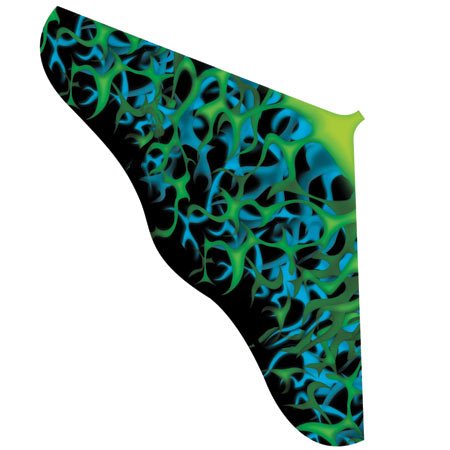 Delta kite with a swirling green and blue flame pattern on black