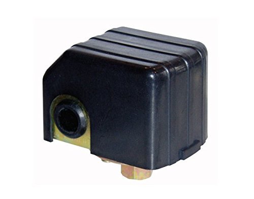 Black plastic well pump pressure switch cover with a brass fitting and side conduit hole
