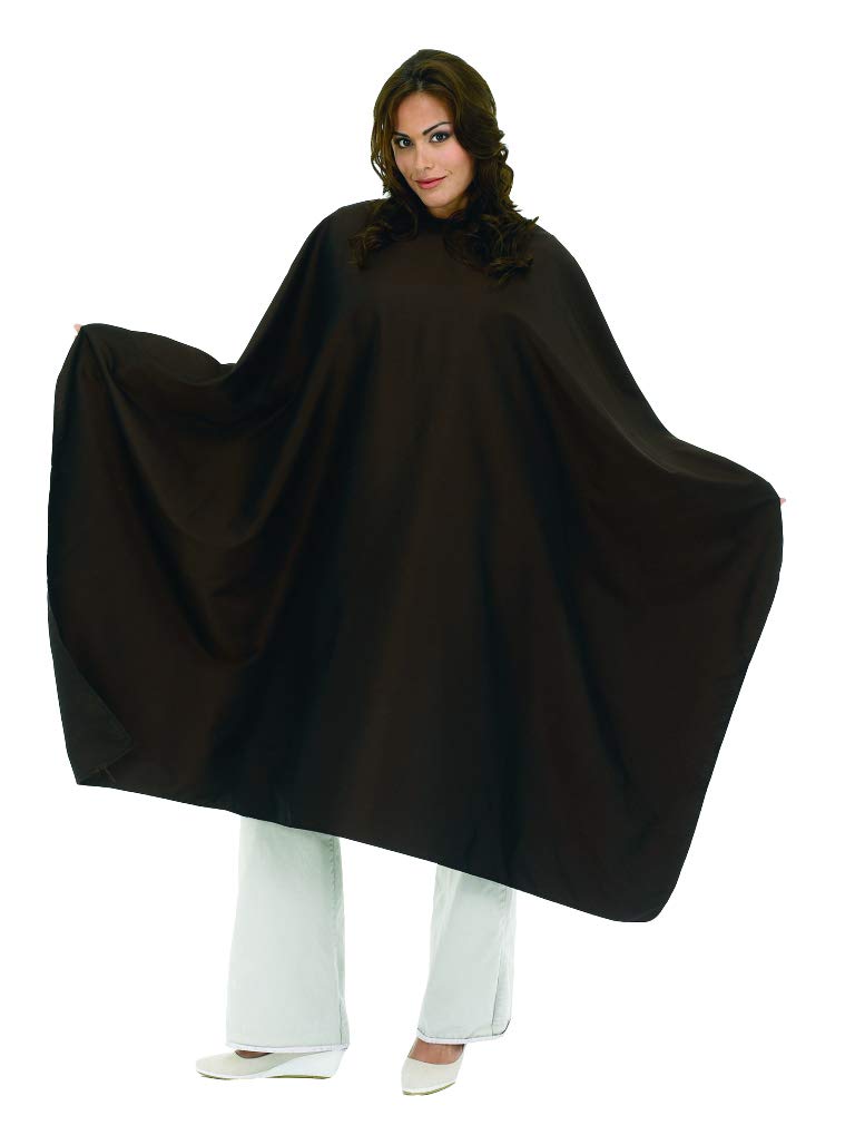 Woman holding out the sides of a wide chocolate brown styling cape