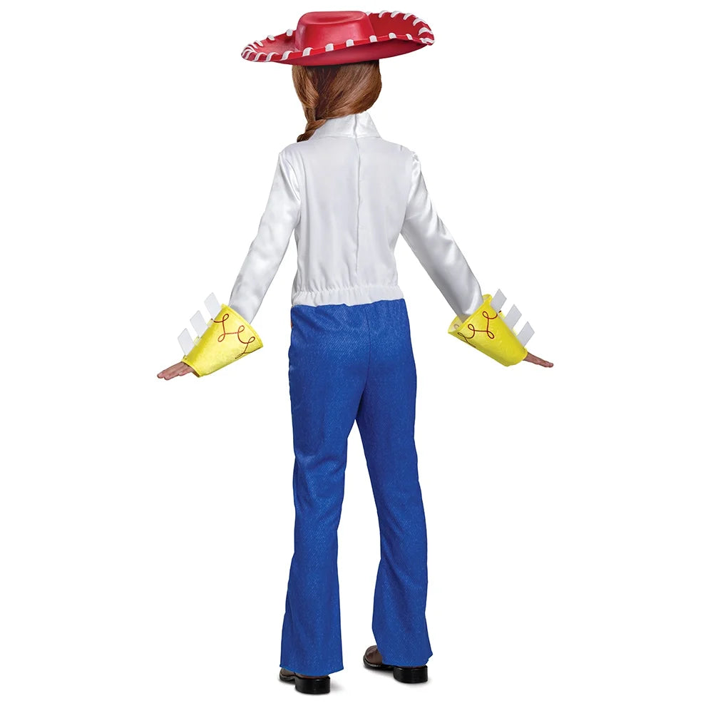 Back view of the cowgirl costume with satin shirt, blue pants and yellow cuffs