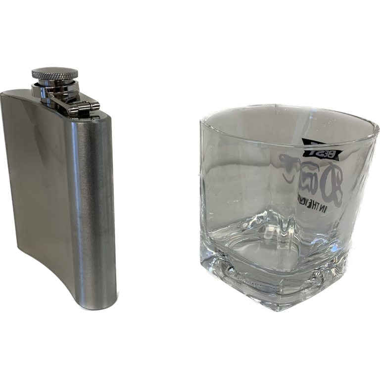 Flask shown edge-on with its hinged screw cap next to the glass