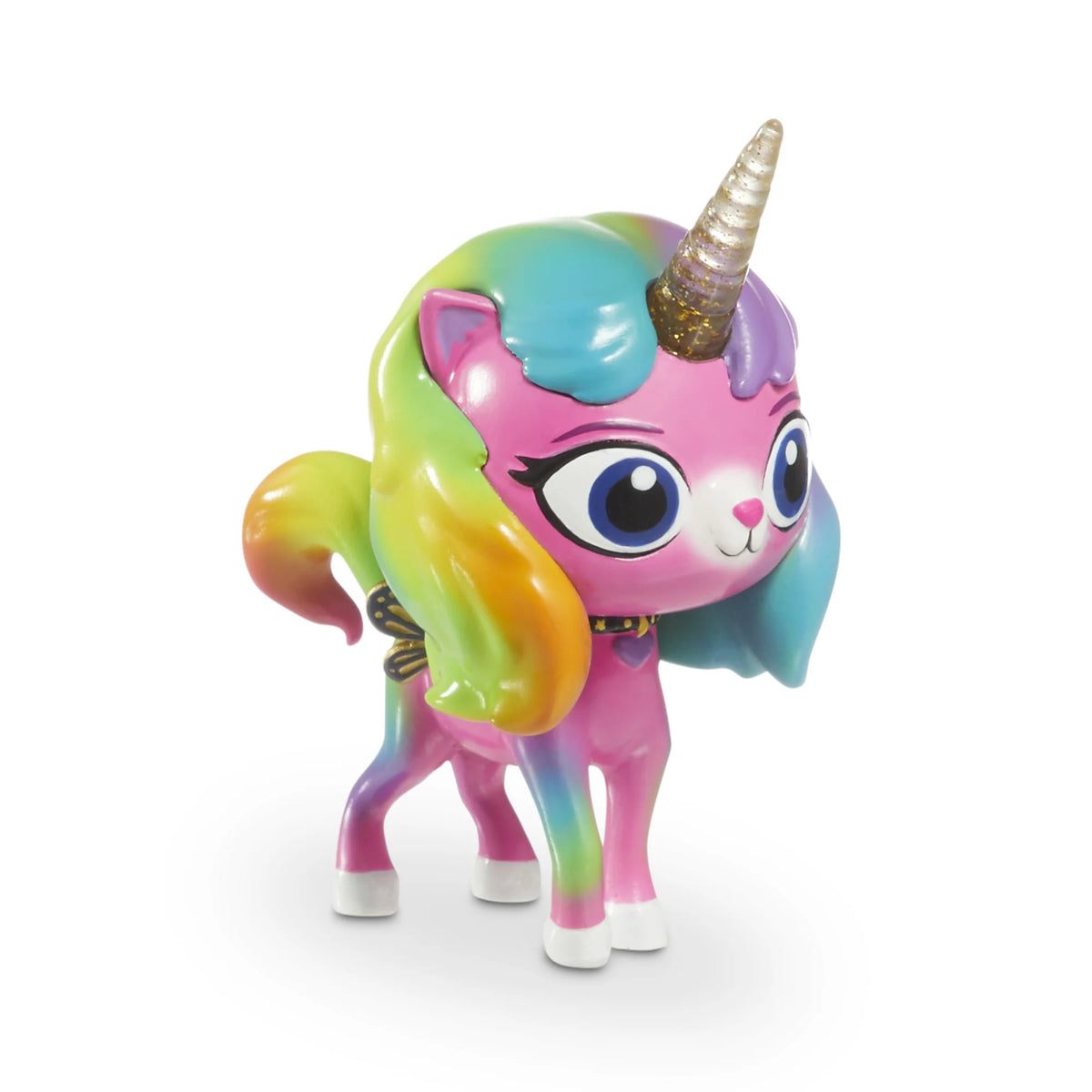 Pink unicorn kitty figure with rainbow mane, glittery horn and butterfly wings