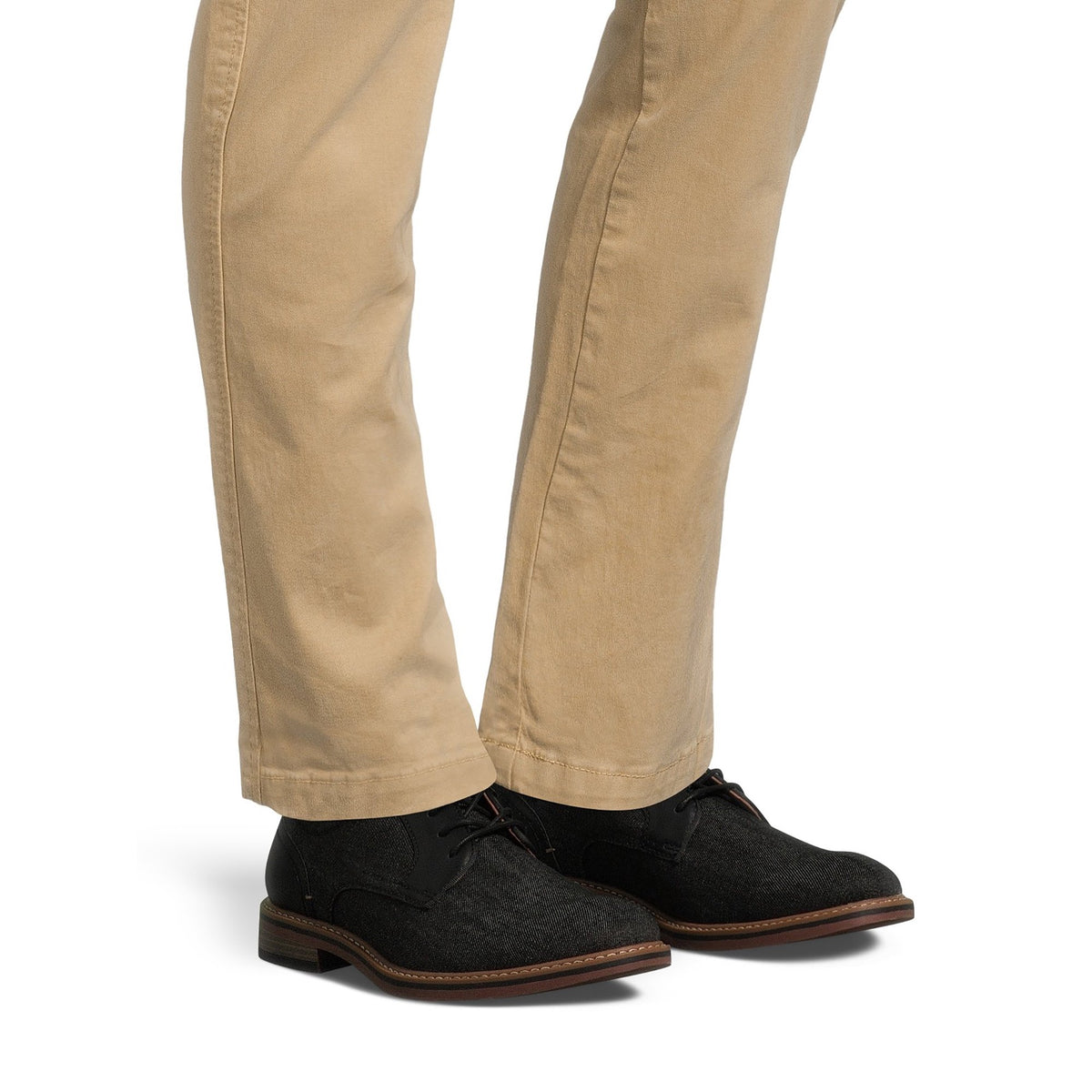 Black denim oxfords worn with khaki trousers
