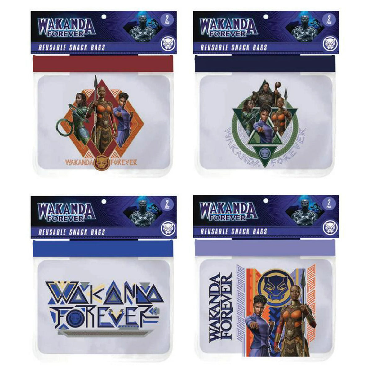 Four Wakanda Forever reusable snack bag 2-packs with Black Panther character prints