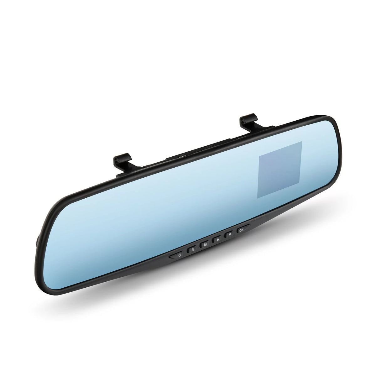 Mirror dash cam at an angle with mounting clips and button strip