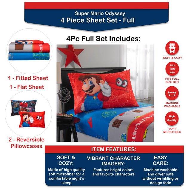 Super Mario Full Sheet Set, Gaming Bedding, Gray and Red, Nintendo