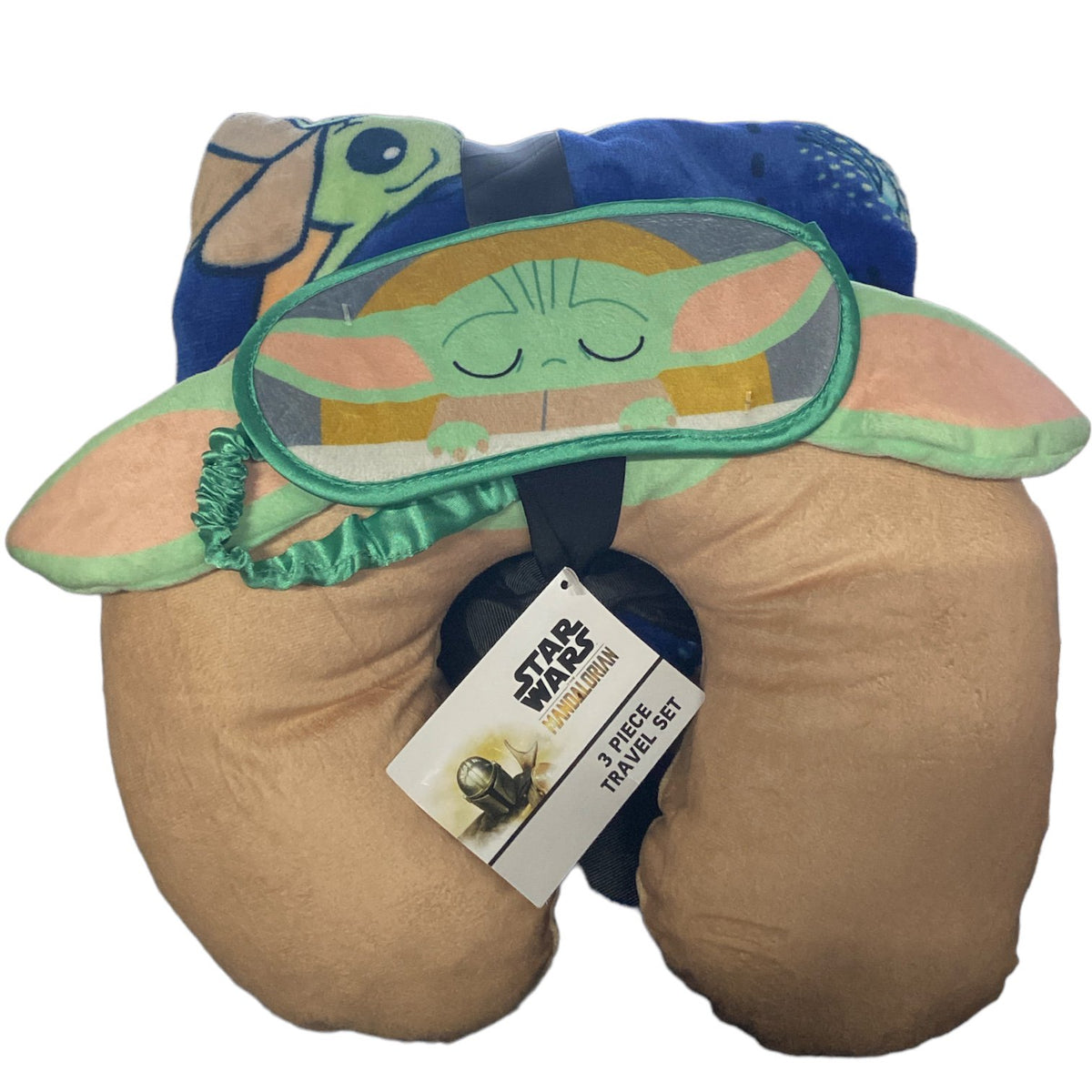 Grogu ears neck pillow with sleepy Grogu eye mask and rolled blue blanket, tagged