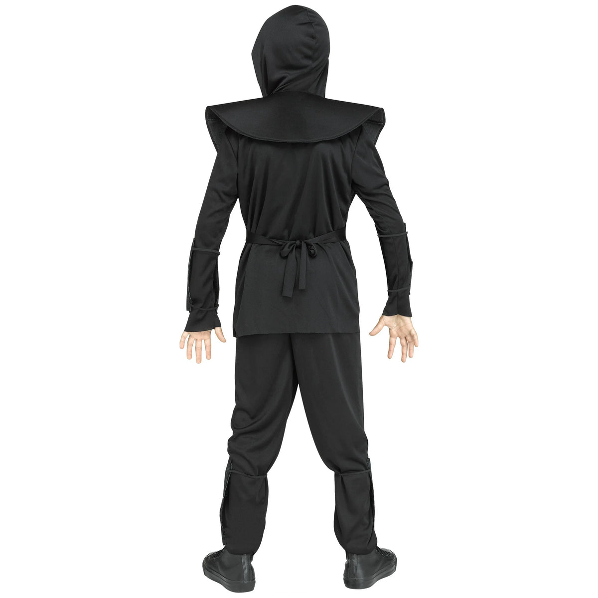 Back view of the black ninja costume with hood, shoulder cape, waist tie and pants