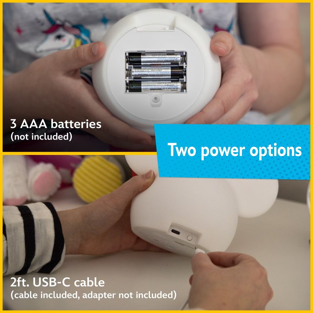 Minnie lamp battery compartment with 3 AAA batteries, and a USB-C cable plugged in