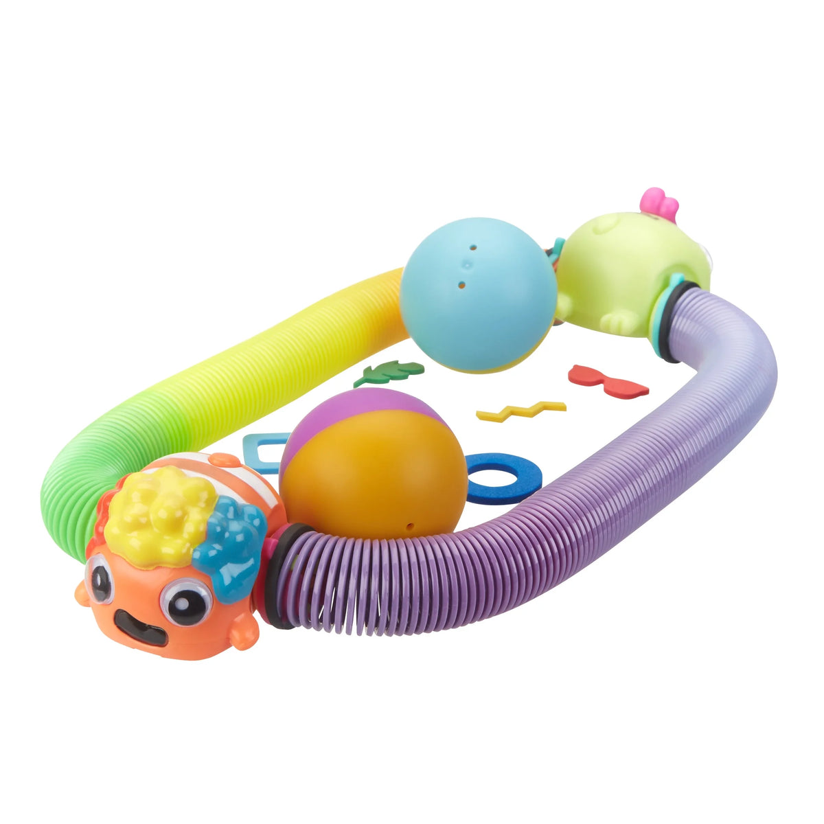 Clownfish and green turtle spring toys linked into one long loop with two balls