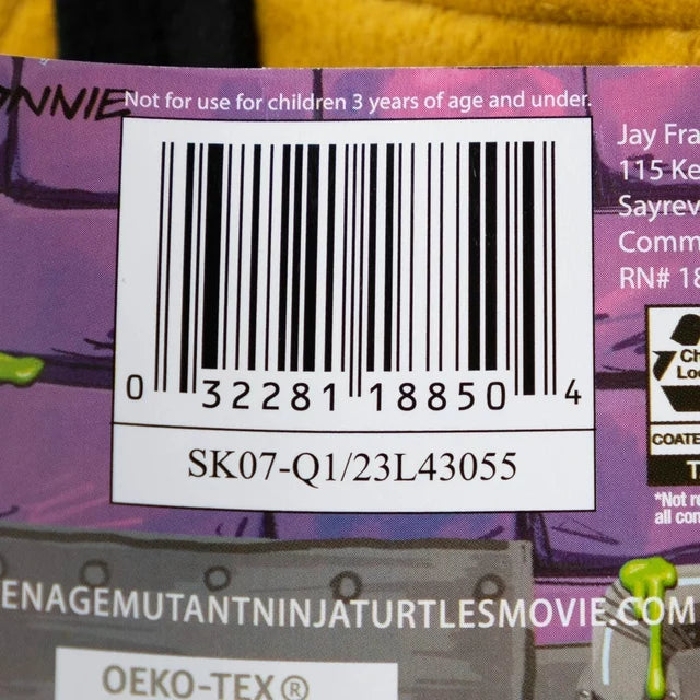 Close-up of the hang tag barcode and not for children 3 and under warning