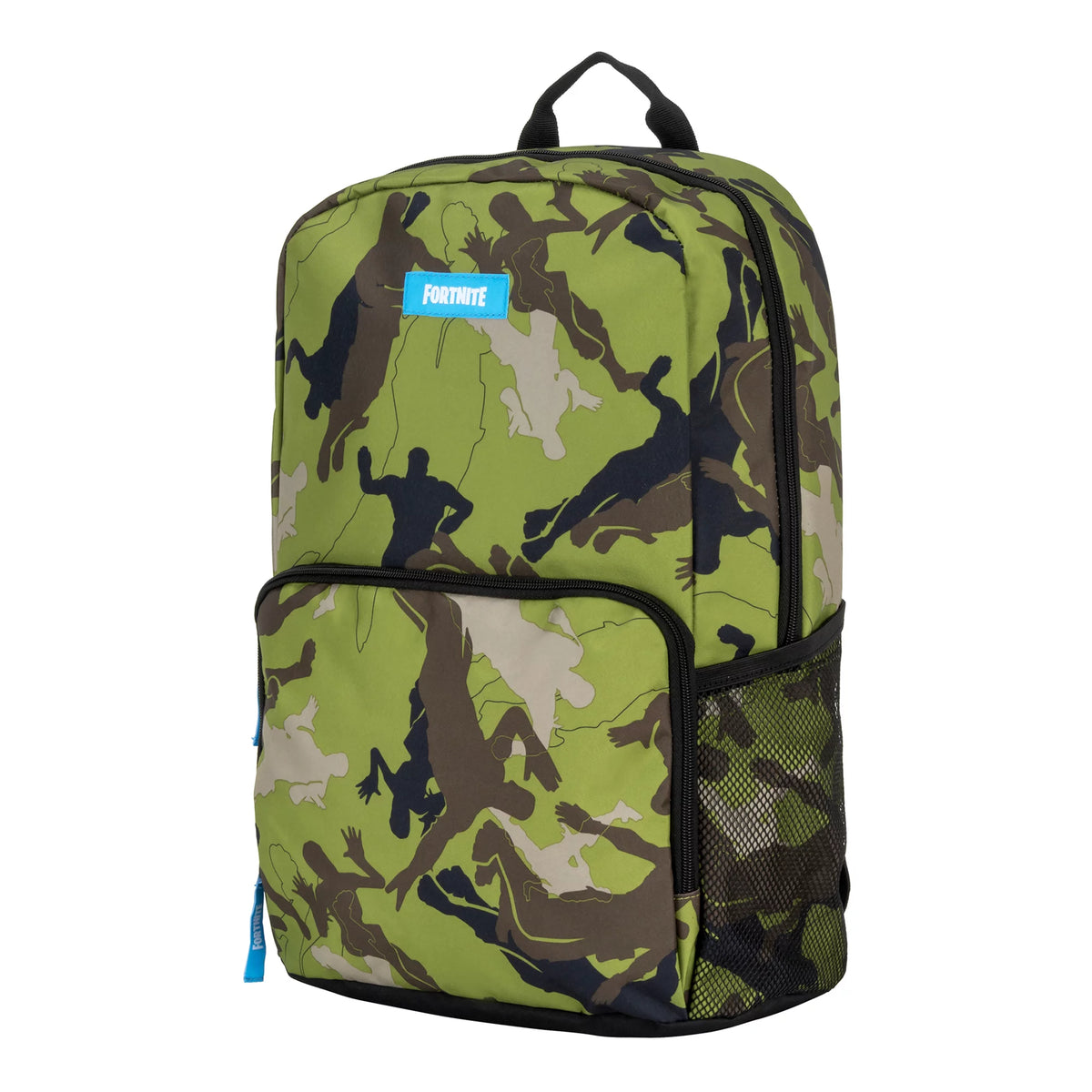 Angled view of the green silhouette camo backpack with a black mesh side pocket