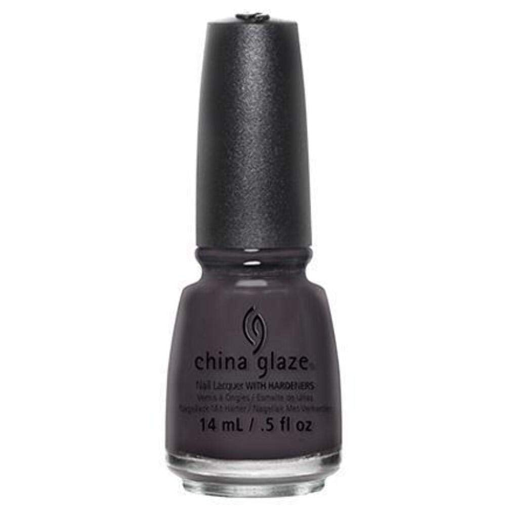 Bottle of dark charcoal plum nail lacquer with a black cap, 14 ml