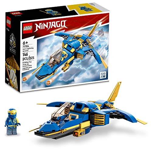 Blue and gold brick-built ninja jet with a blue ninja minifigure beside its 146-piece box