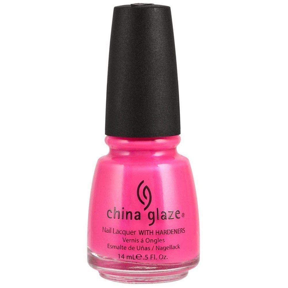 Bottle of bright neon pink nail lacquer with a black cap, 14 ml