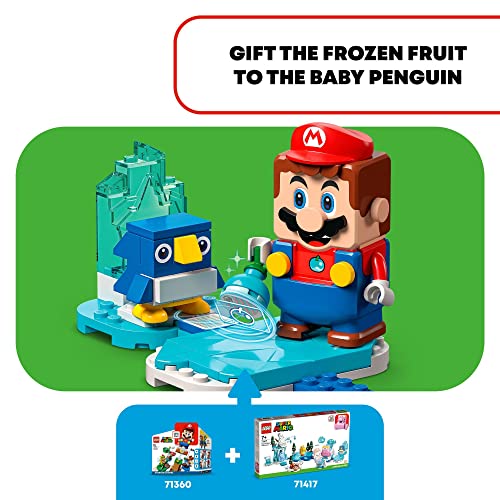 Mario figure gifting a frozen fruit to the blue baby penguin on an ice tile