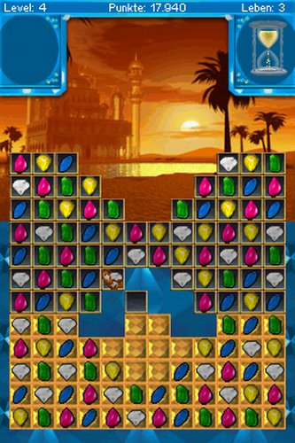 Level 4 gem board in front of a desert palace and palm trees at sunset