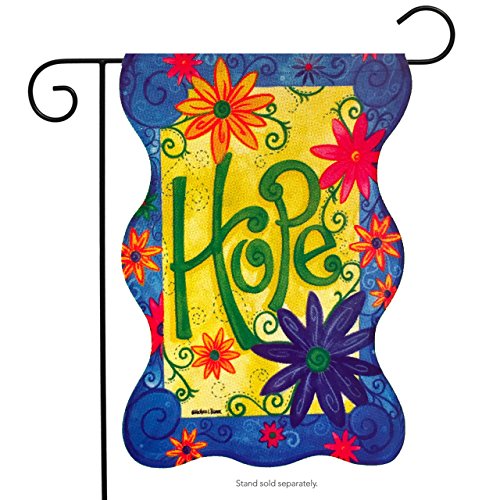 Wavy-edged garden flag with Hope in green script among orange, pink and purple flowers, on a stand