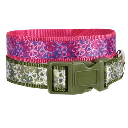 Pink floral collar stacked over the green floral collar showing the buckles