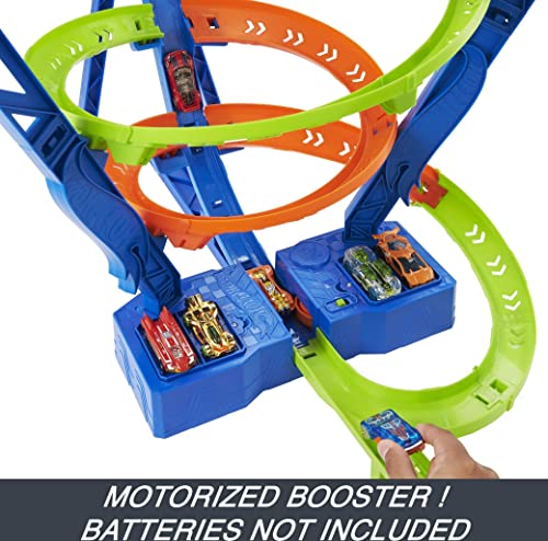 Close-up of the blue motorized booster bases holding cars, batteries not included