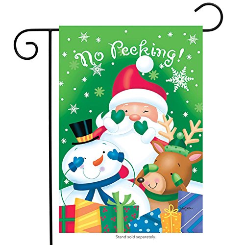 Green garden flag with Santa, a snowman and a reindeer covering their eyes over gifts, No Peeking
