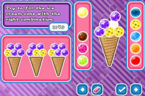 Ice cream cone puzzle screen matching scoops of purple, yellow and white