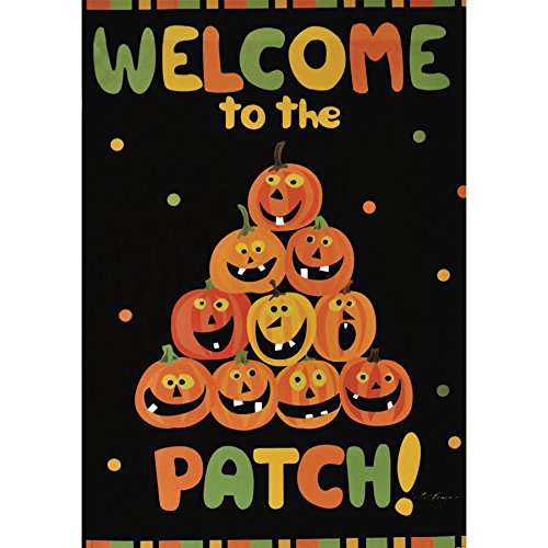 Black flag with a stack of grinning jack-o'-lanterns and Welcome to the Patch