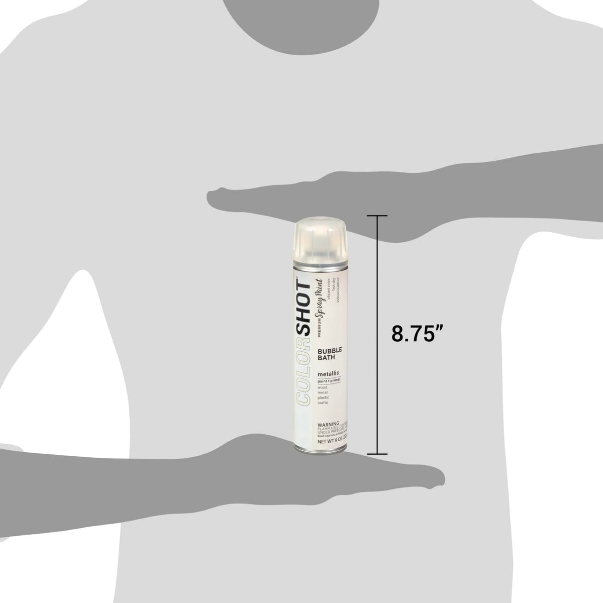 Silhouette holding the spray can between two hands, marked 8.75 inches tall