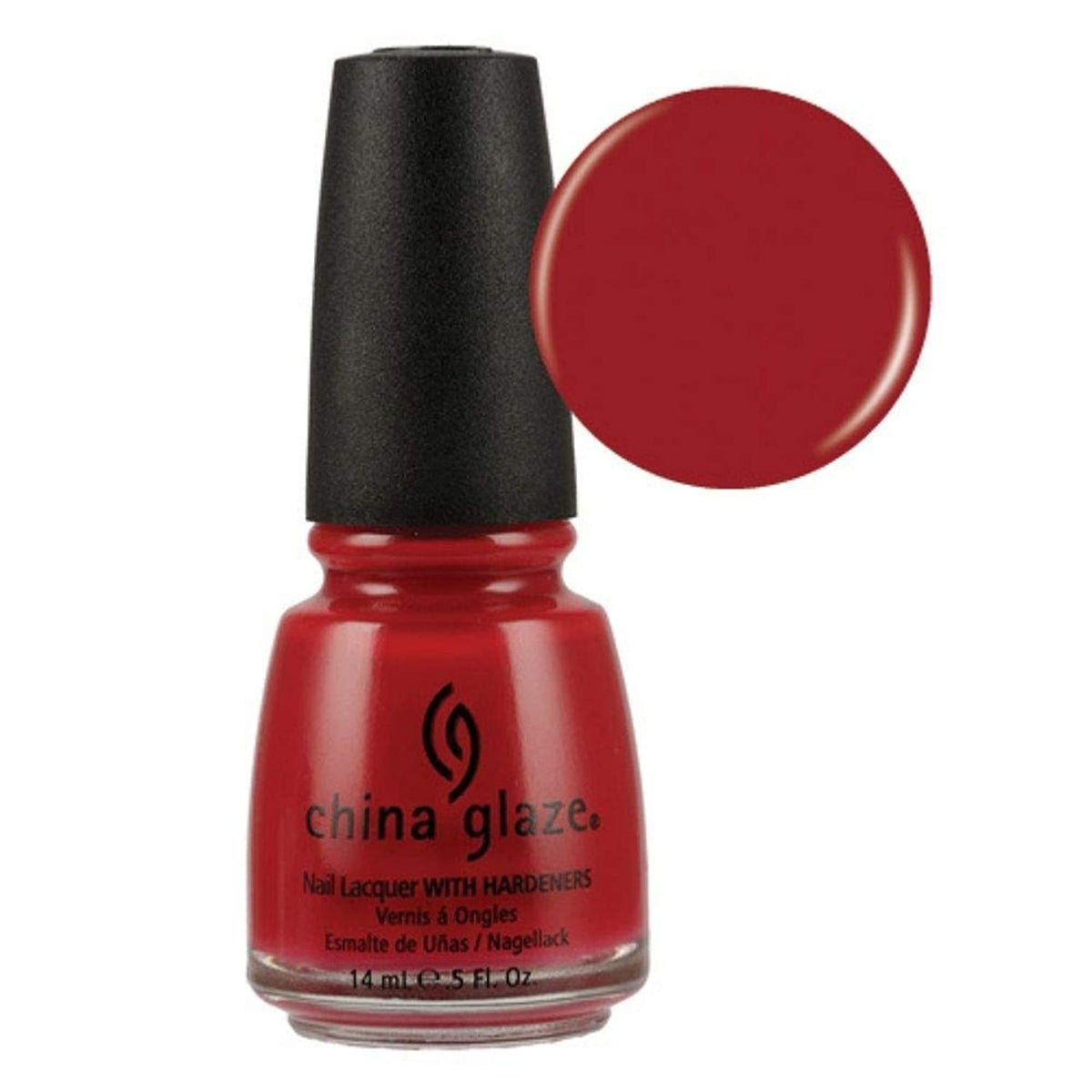 Bottle of classic tomato red creme nail lacquer beside a round red swatch