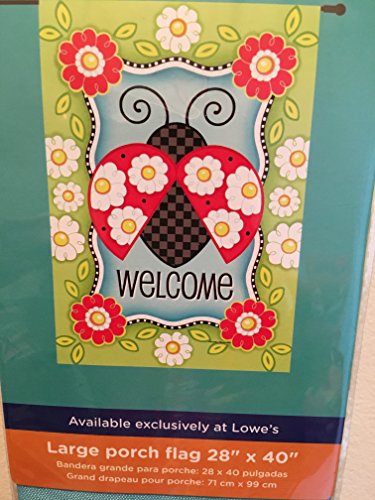 Packaged large porch flag with a checkered ladybug with daisy spots and Welcome