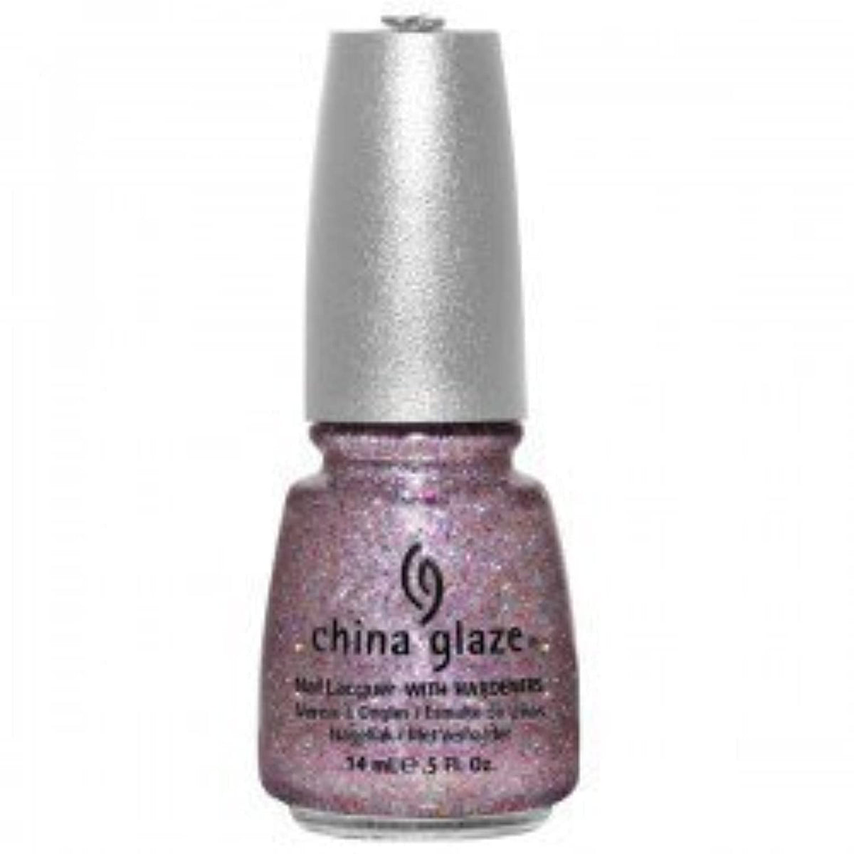 Bottle of pink and lilac holographic glitter polish with a silver cap