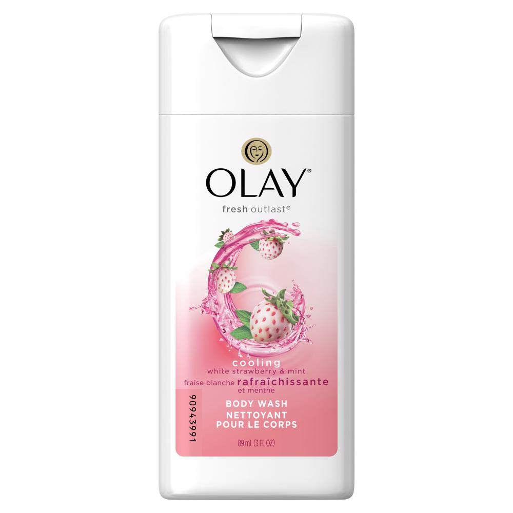 Small white and pink 3 oz bottle of cooling white strawberry and mint body wash