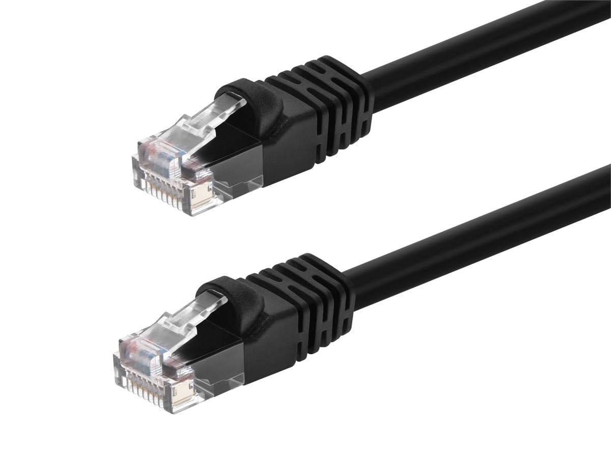 Close-up of two black Cat5e RJ45 ethernet plugs with snagless boots