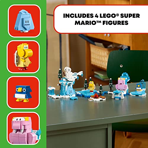 Four included figures: Freezie, yellow Koopa, baby penguin and pink Fliprus, beside the built icy course