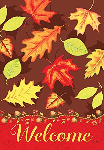 Flat view of the autumn leaves Welcome flag with acorn garland