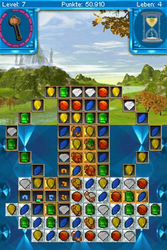 Level 7 gem board in a cross shape with a hammer power-up and hourglass timer