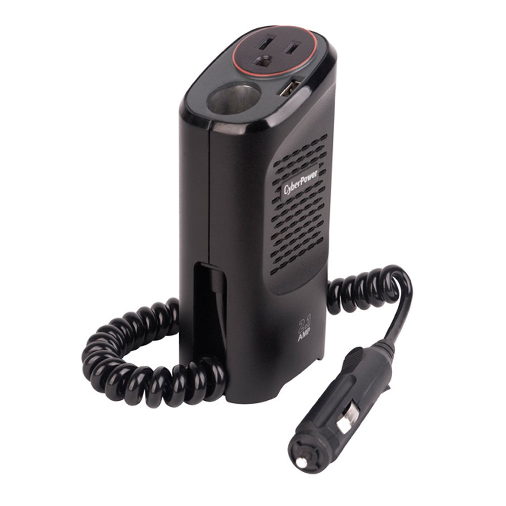 Black cup-shaped car power inverter with an outlet, USB port and coiled cord