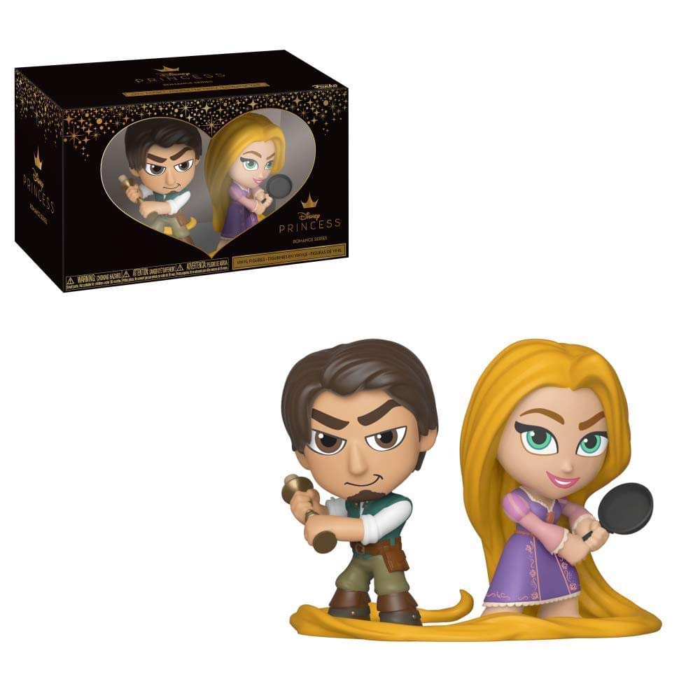 Funko mini vinyl Flynn Rider and Rapunzel with frying pan, beside the romance series box