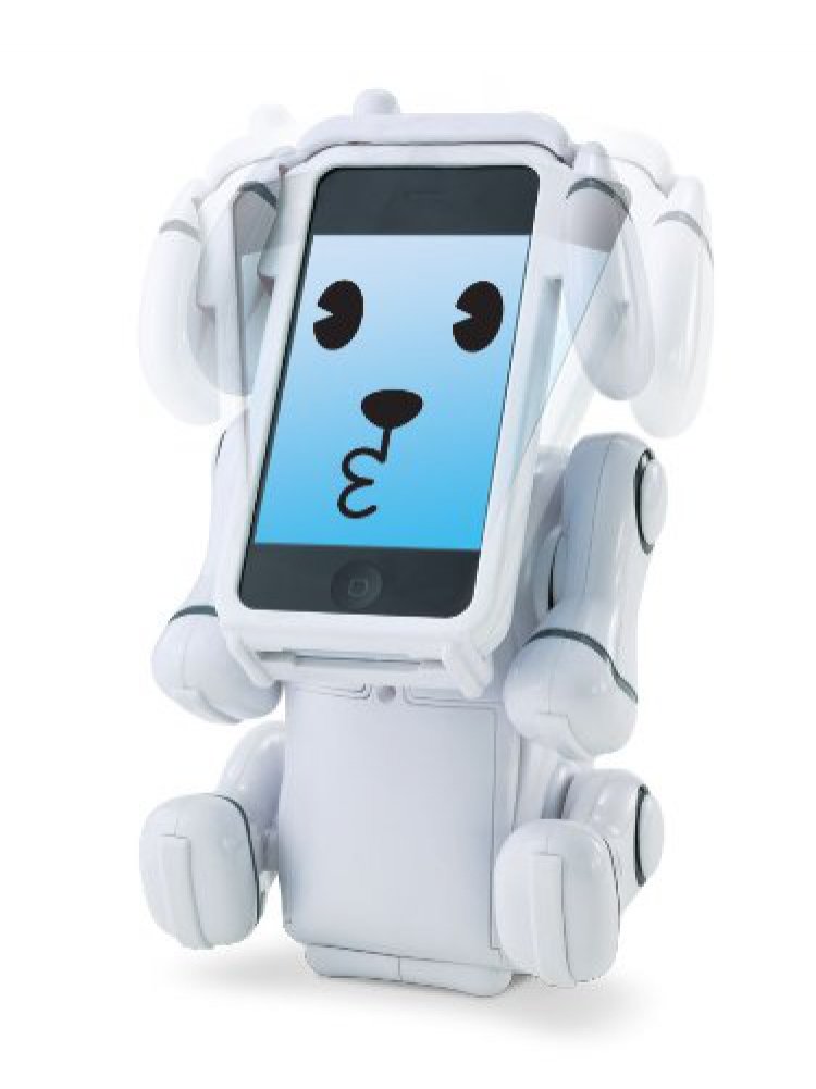Robot dog sitting up and shaking its head, phone screen showing a kissing face