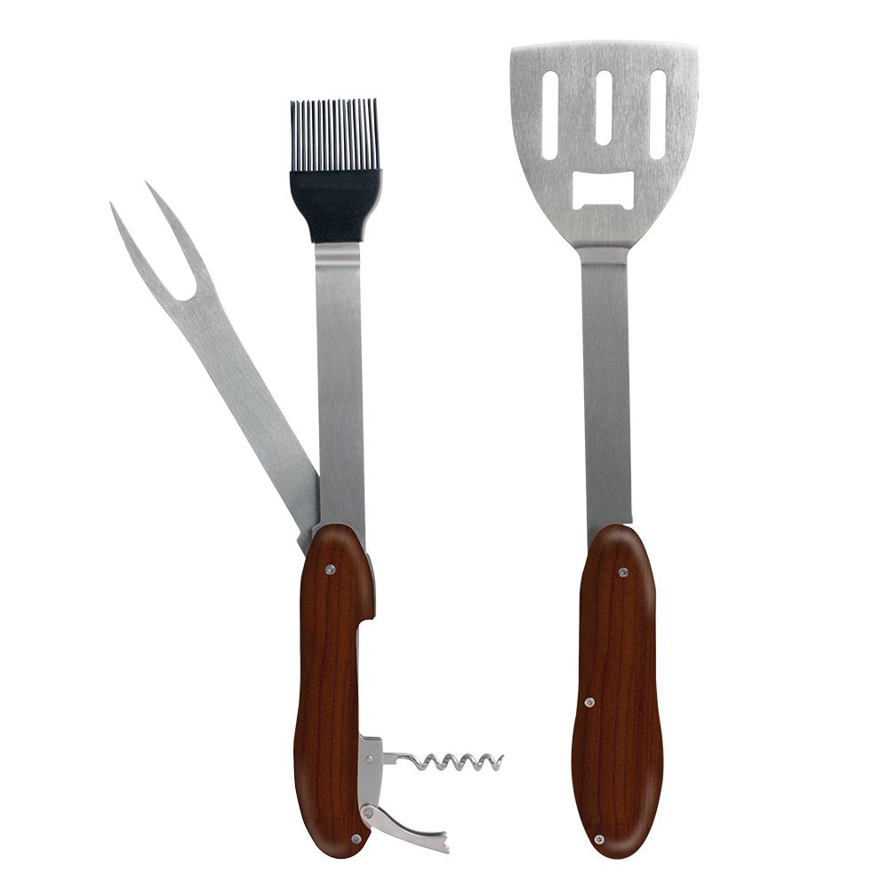 Grill tool opened into two halves: fork, basting brush and corkscrew, and slotted spatula