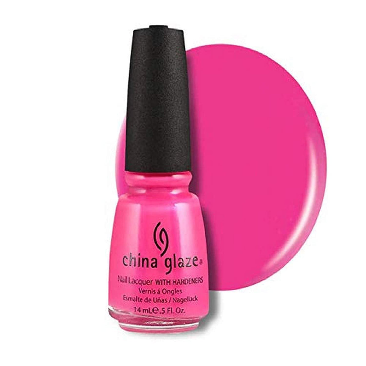 Bottle of neon hot pink nail lacquer beside a round pink swatch