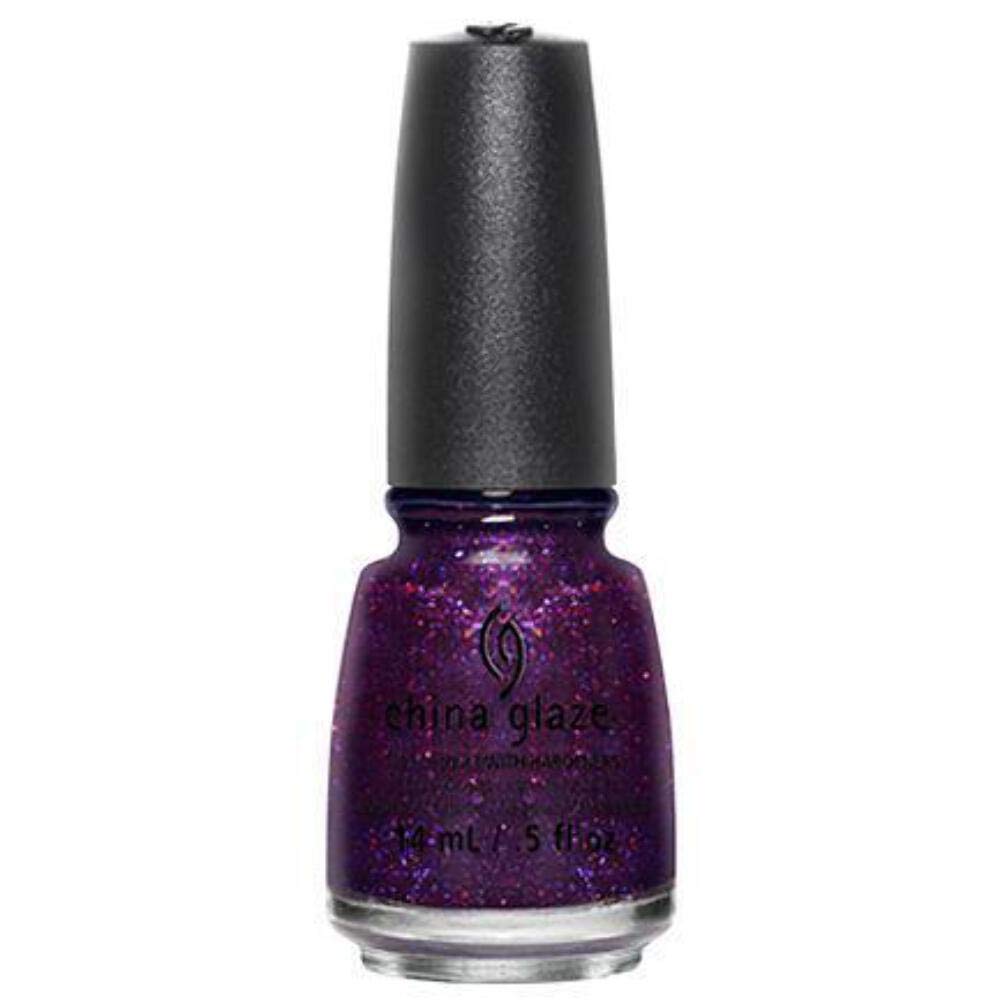 Bottle of deep purple nail polish packed with pink and violet glitter