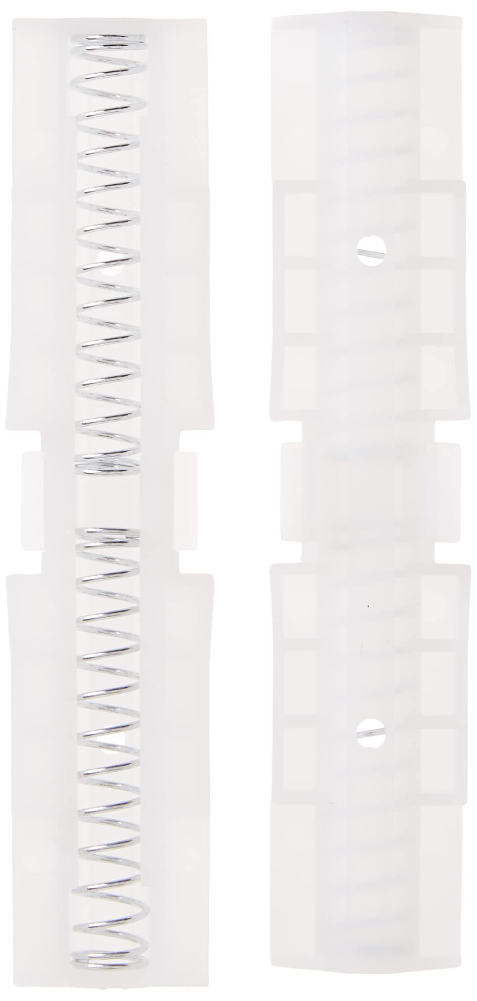 Two white nylon track guides side by side, one showing its inner steel spring